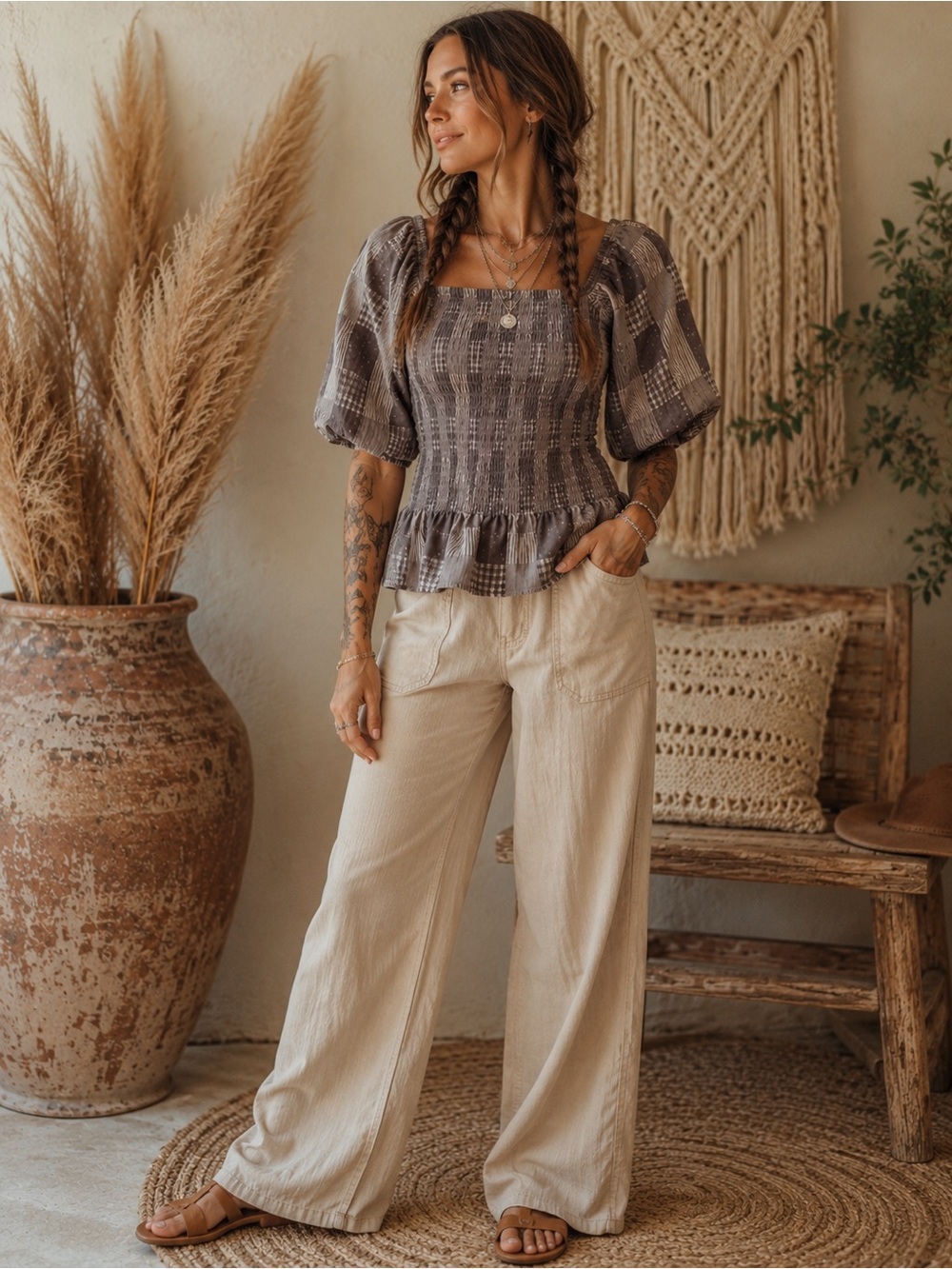 Boho Patchwork Smocked Peplum Top | Cottagecore Puff Sleeve Blouse | Neutral Ear